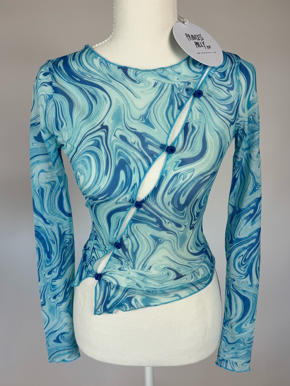 Princess Polly Blue Marble-Print Sheer Long Sleeve Top